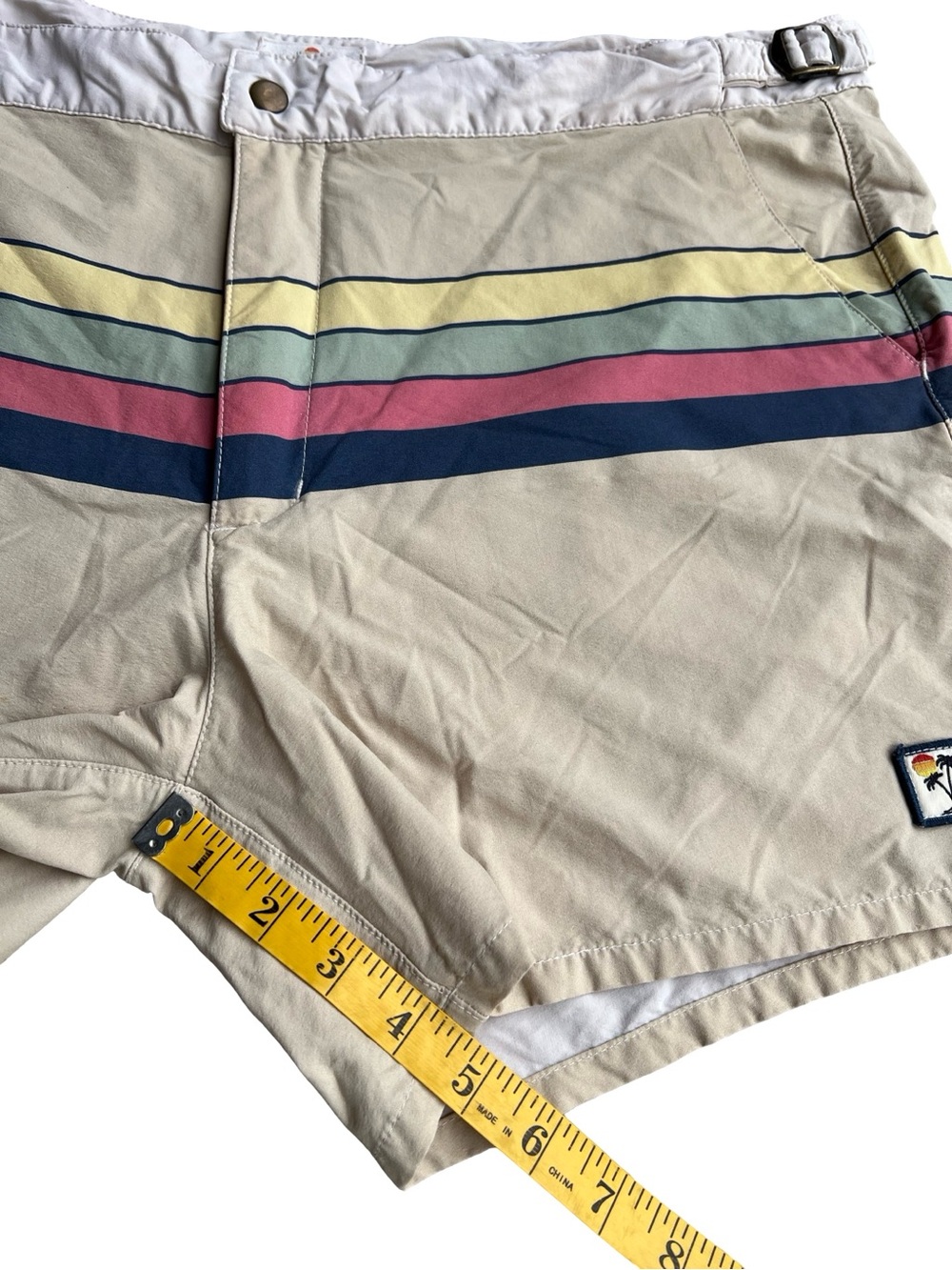 MARINE LAYER 5” Swim Trunks Board Beach Shorts 34 Khaki Multi-Stripe Retro Surf - Picture 8 of 11